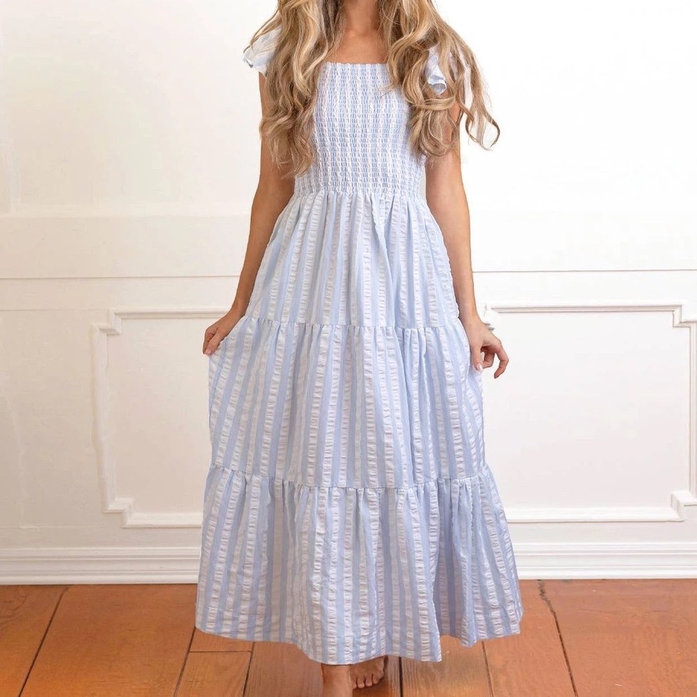 8 Oak Lane Blue White Striped Smocked Tiered Ruffle Cotton Maxi Dress XL yy